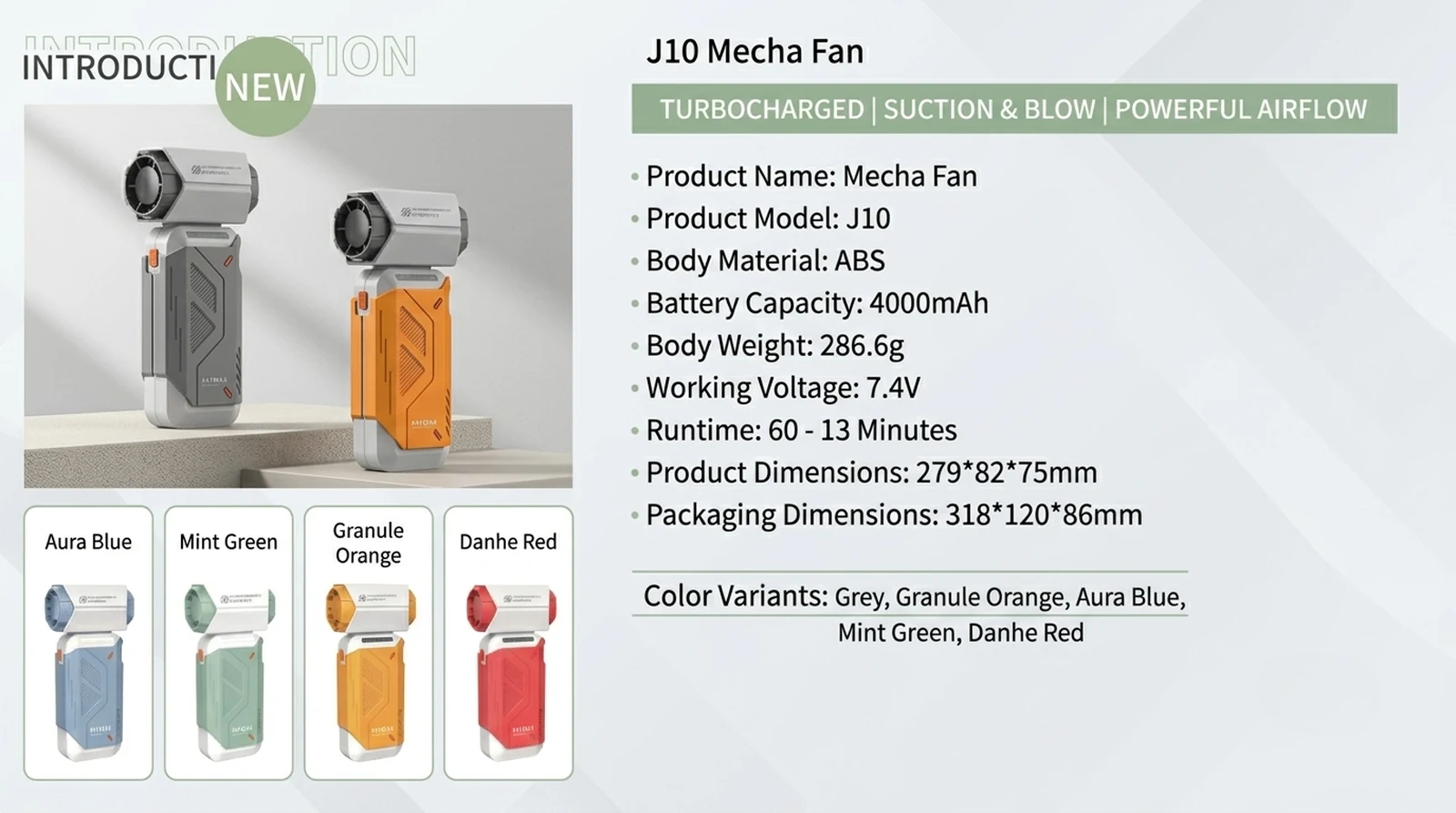 J10 Mecha Fan / Violent Fan by Xinmeili Technology - Portable turbo fan with 4000mAh battery, dual suction/blowing modes, 60 to 13 min runtime, 286.6g ABS body.