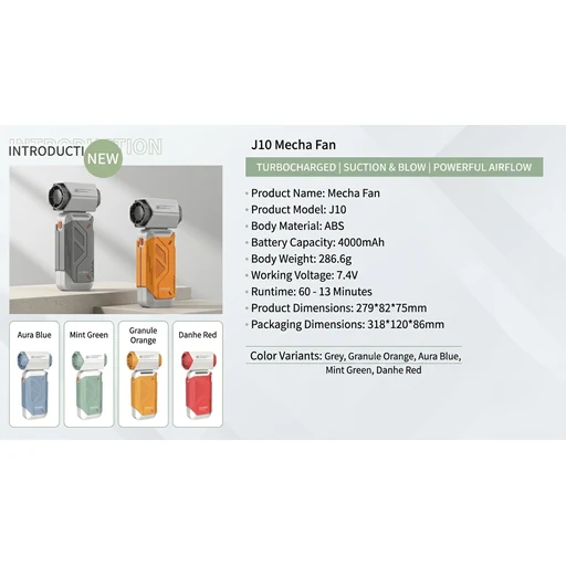 J10 Mecha Fan / Violent Fan by Xinmeili Technology - Portable turbo fan with 4000mAh battery, dual suction/blowing modes, 60 to 13 min runtime, 286.6g ABS body.